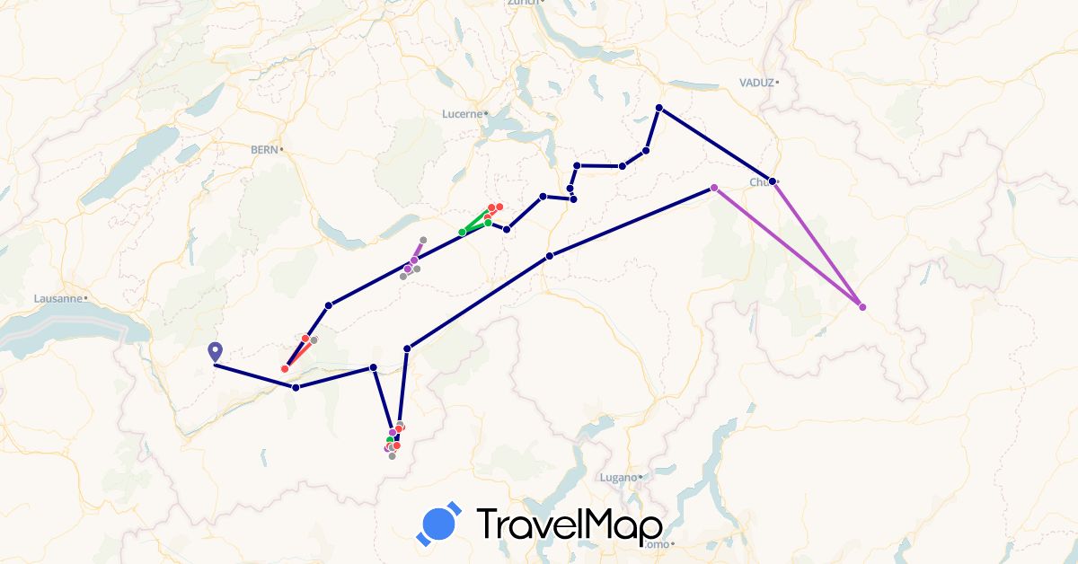 TravelMap itinerary: driving, bus, plane, train, hiking in Switzerland (Europe)