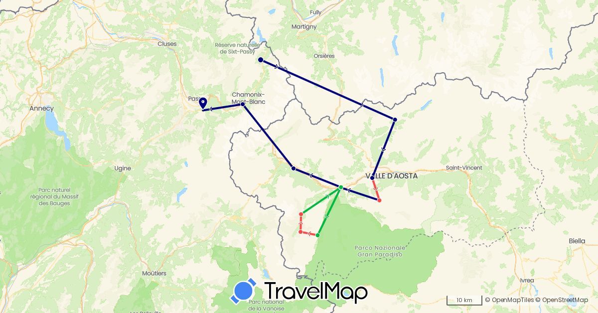TravelMap itinerary: driving, bus, hiking in France, Italy (Europe)