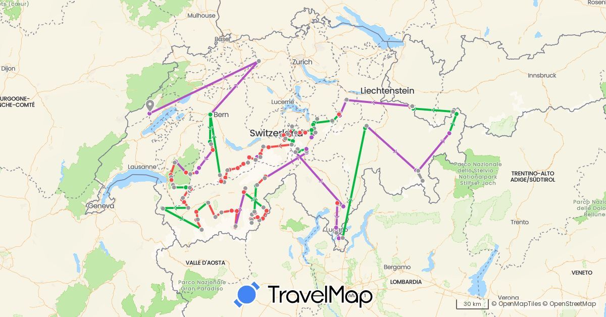 TravelMap itinerary: bus, plane, train, hiking in Austria, Switzerland, Italy (Europe)